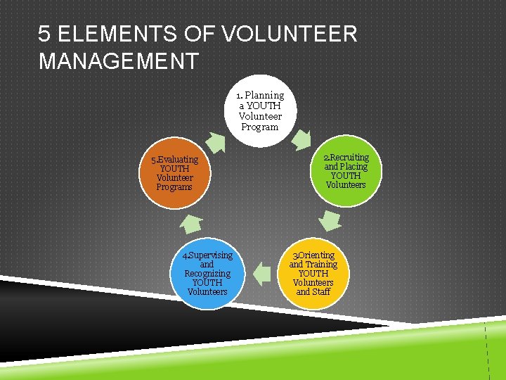 5 ELEMENTS OF VOLUNTEER MANAGEMENT 1. Planning a YOUTH Volunteer Program 5. Evaluating YOUTH