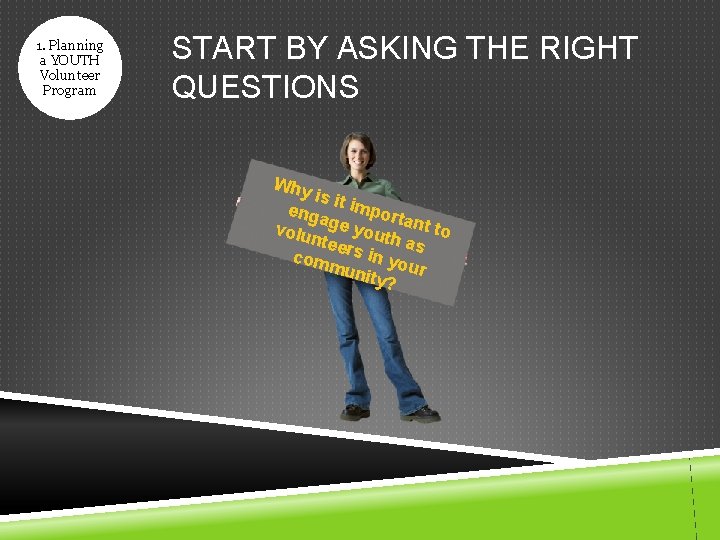 1. Planning a YOUTH Volunteer Program START BY ASKING THE RIGHT QUESTIONS Why is