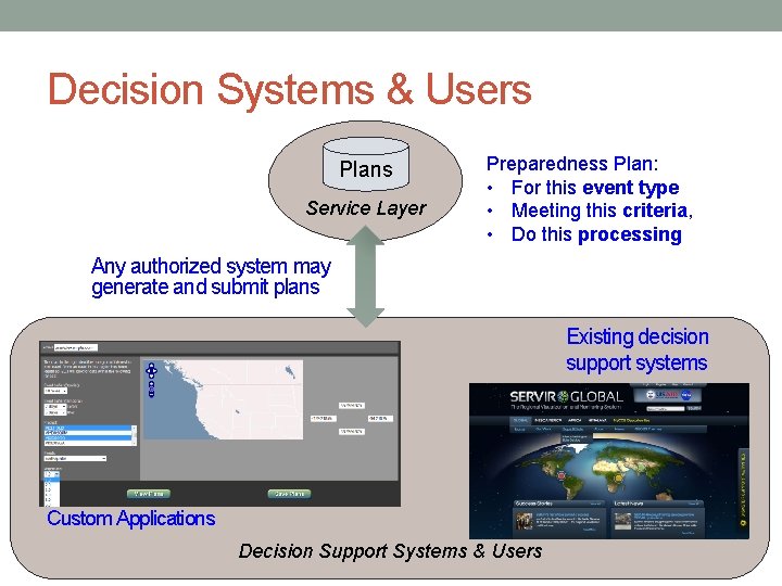 Decision Systems & Users Plans Service Layer Preparedness Plan: • For this event type