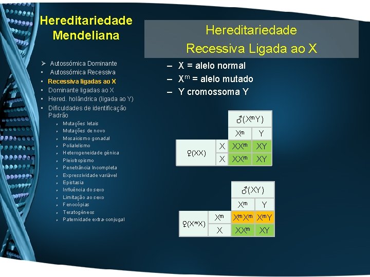 Hereditariedade Mendeliana Ø • • • Autossómica Dominante Autossómica Recessiva ligadas ao X Dominante