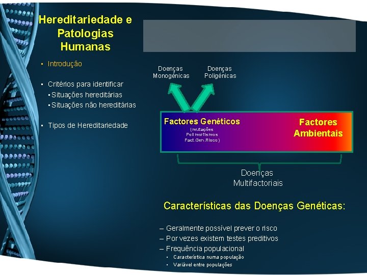 Hereditariedade e Patologias Humanas • Introdução Doenças Monogénicas Doenças Poligénicas • Critérios para identificar