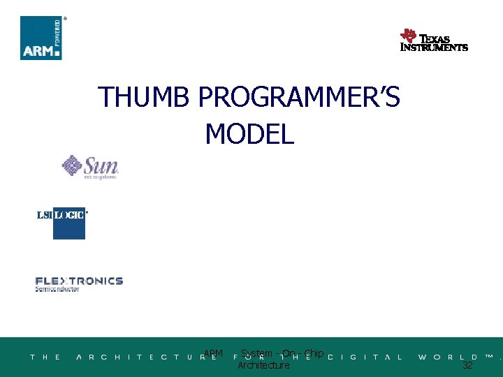 THUMB PROGRAMMER’S MODEL ARM System - On - Chip Architecture 32 