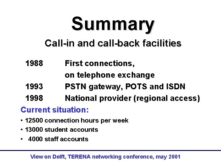 Summary Call-in and call-back facilities 1988 First connections, on telephone exchange 1993 PSTN gateway,