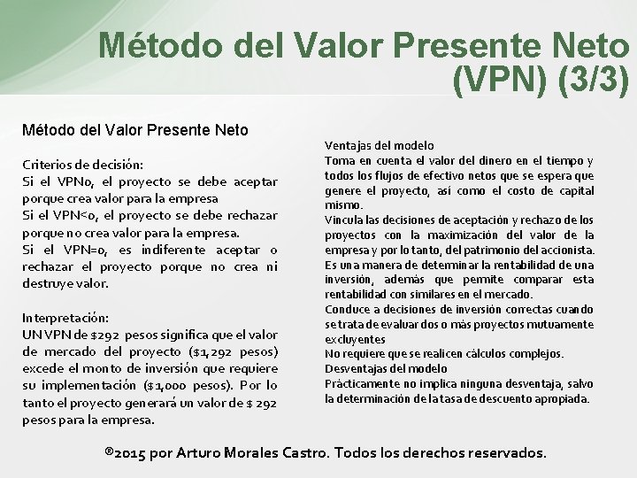 Método del Valor Presente Neto (VPN) (3/3) Método del Valor Presente Neto Criterios de