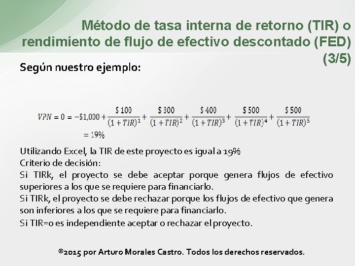 Método de tasa interna de retorno (TIR) o rendimiento de flujo de efectivo descontado