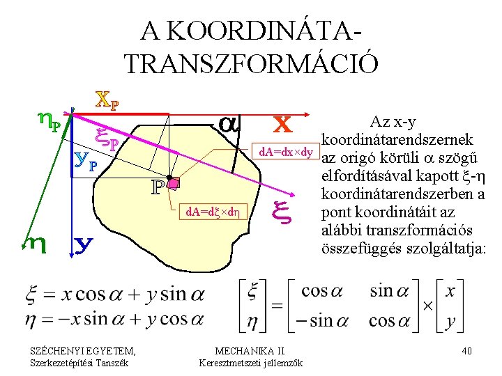 A KOORDINÁTATRANSZFORMÁCIÓ d. A=dx×dy d. A=dx×dh SZÉCHENYI EGYETEM, Szerkezetépítési Tanszék MECHANIKA II. Keresztmetszeti jellemzők