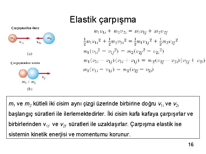 Elastik çarpışma m 1 ve m 2 kütleli iki cisim aynı çizgi üzerinde birbirine
