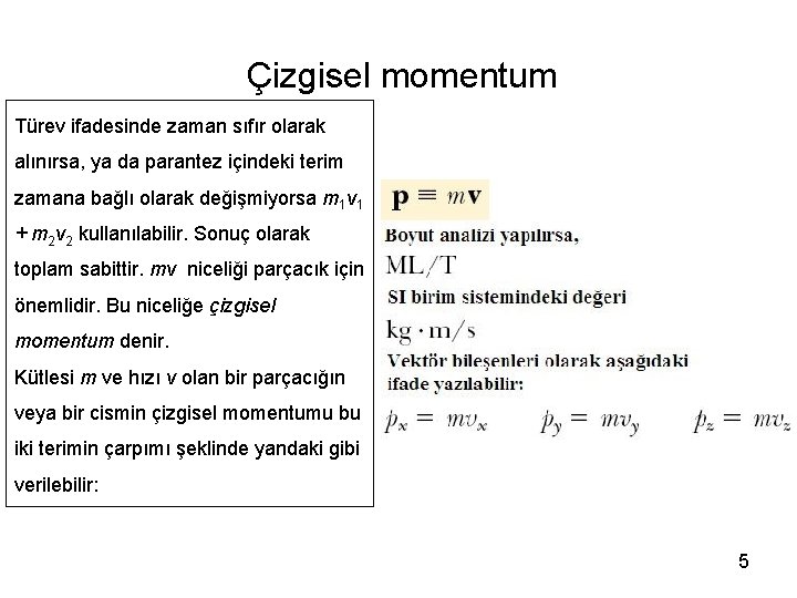 Çizgisel momentum Türev ifadesinde zaman sıfır olarak alınırsa, ya da parantez içindeki terim zamana