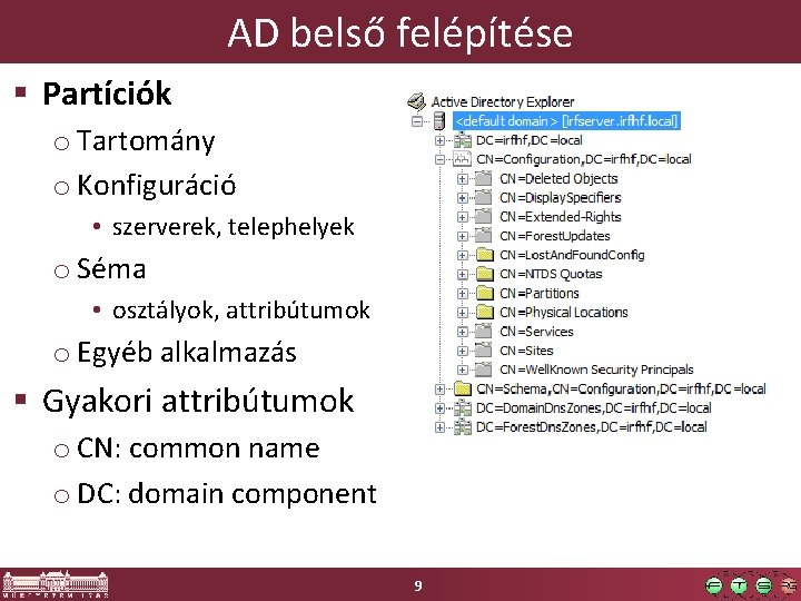AD belső felépítése § Partíciók o Tartomány o Konfiguráció • szerverek, telephelyek o Séma