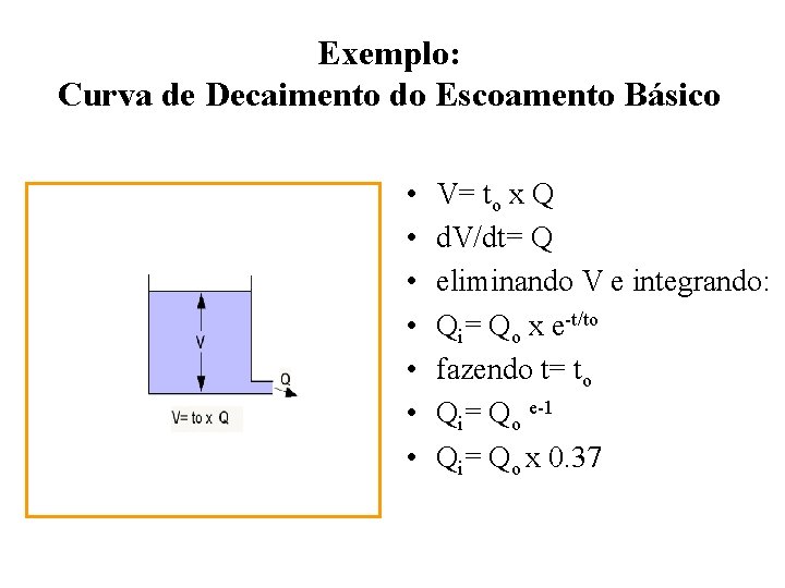 Exemplo: Curva de Decaimento do Escoamento Básico • • V= to x Q d.