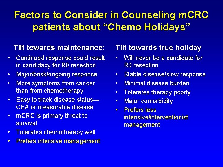 Intermittent versus Continuous Systemic Therapy for Metastatic Colorectal