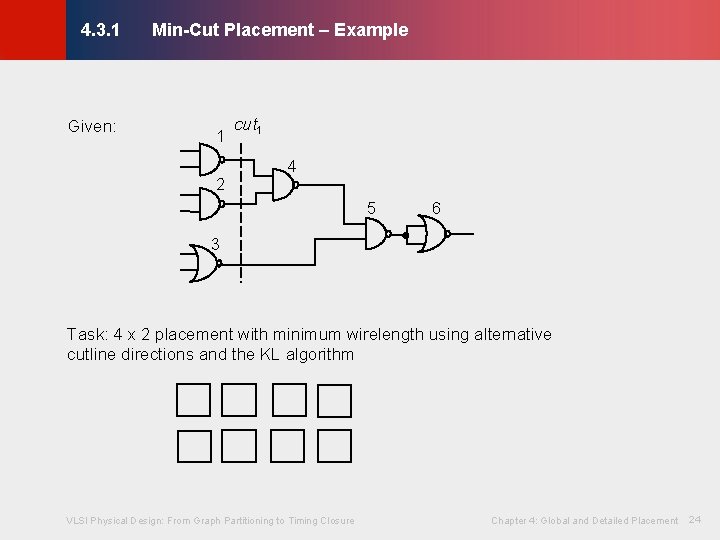 Min-Cut Placement – Example © KLMH 4. 3. 1 Given: 1 2 cut 1