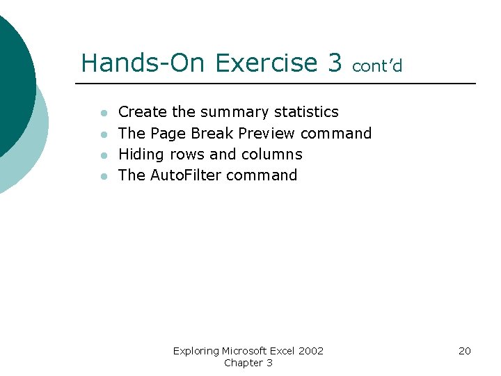 Hands-On Exercise 3 l l cont’d Create the summary statistics The Page Break Preview