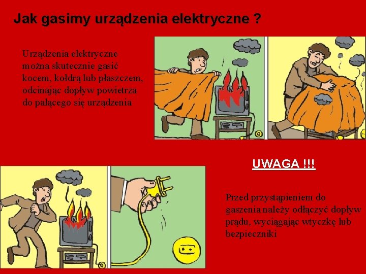 Jak gasimy urządzenia elektryczne ? Urządzenia elektryczne można skutecznie gasić kocem, kołdrą lub płaszczem,