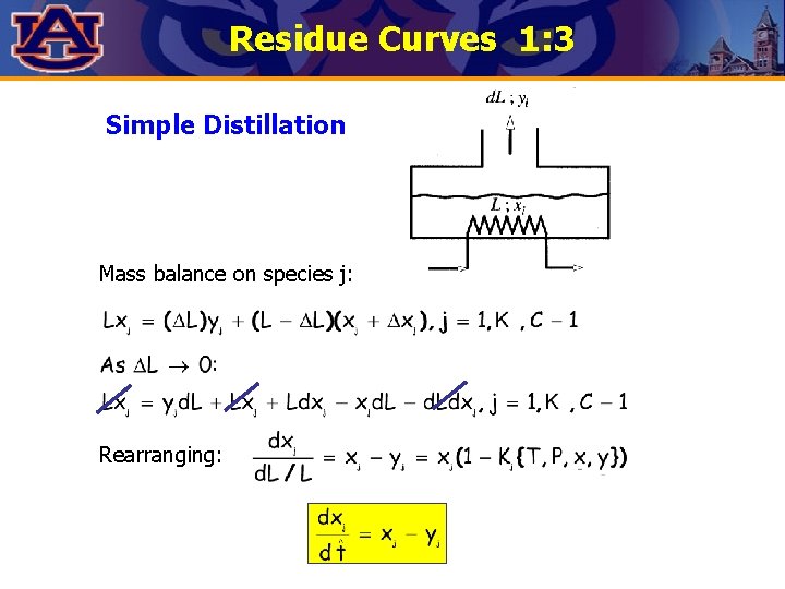 Residue Curves 1: 3 Simple Distillation Mass balance on species j: Rearranging: 