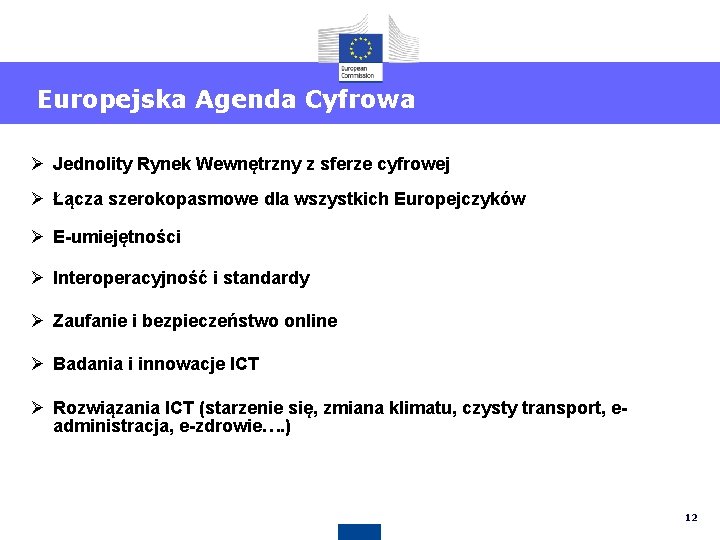 Europejska Agenda Cyfrowa Ø Jednolity Rynek Wewnętrzny z sferze cyfrowej Ø Łącza szerokopasmowe dla