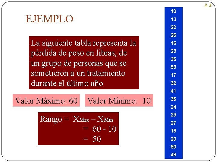 3 - 5 10 EJEMPLO 13 22 La siguiente tabla representa la pérdida de