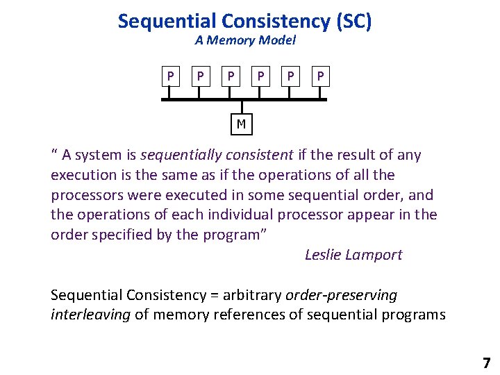 Sequential Consistency (SC) A Memory Model P P P M “ A system is