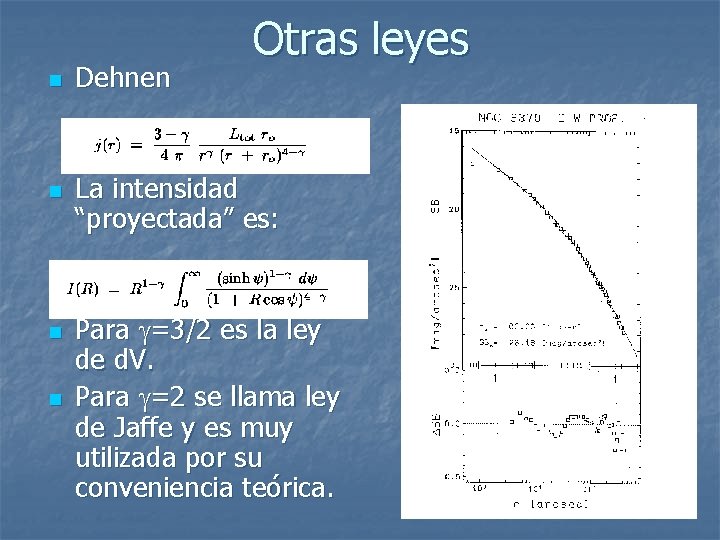 n n Dehnen Otras leyes La intensidad “proyectada” es: Para =3/2 es la ley