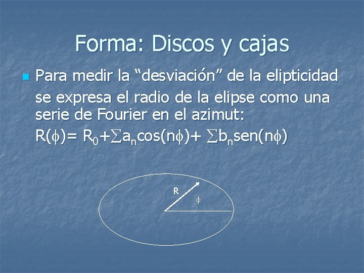 Forma: Discos y cajas n Para medir la “desviación” de la elipticidad se expresa