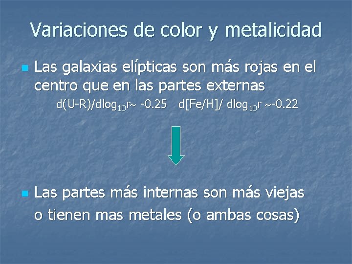 Variaciones de color y metalicidad n Las galaxias elípticas son más rojas en el