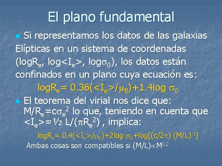 El plano fundamental Si representamos los datos de las galaxias Elípticas en un sistema