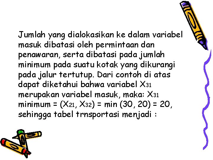 Jumlah yang dialokasikan ke dalam variabel masuk dibatasi oleh permintaan dan penawaran, serta dibatasi