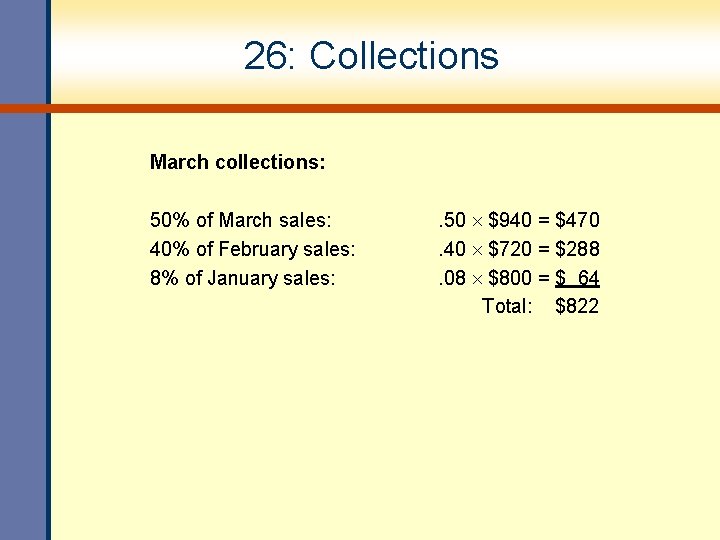 26: Collections March collections: 50% of March sales: 40% of February sales: 8% of