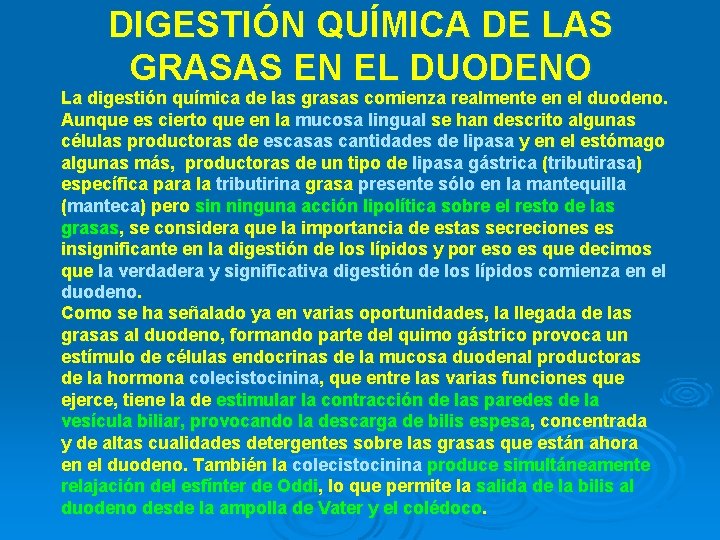 DIGESTIÓN QUÍMICA DE LAS GRASAS EN EL DUODENO La digestión química de las grasas