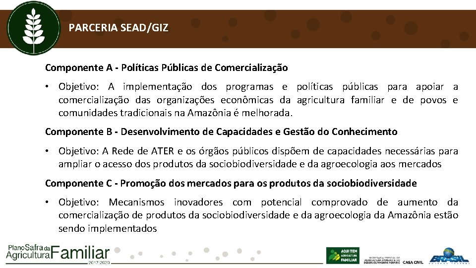 PARCERIA SEAD/GIZ Componente A - Políticas Públicas de Comercialização • Objetivo: A implementação dos