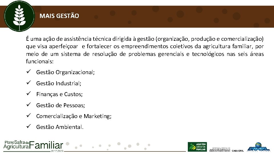 MAIS GESTÃO É uma ação de assistência técnica dirigida à gestão (organização, produção e