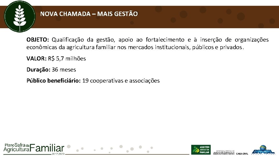 NOVA CHAMADA – MAIS GESTÃO OBJETO: Qualificação da gestão, apoio ao fortalecimento e à