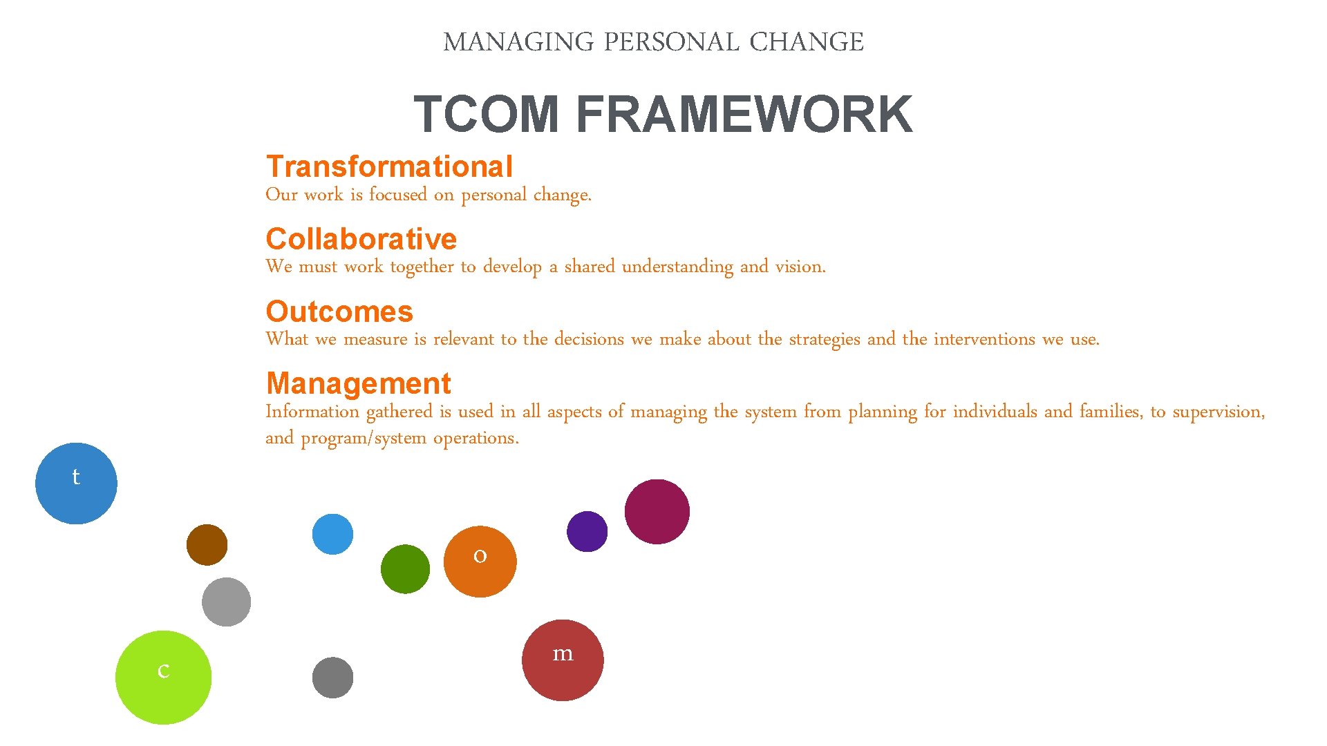 MANAGING PERSONAL CHANGE TCOM FRAMEWORK Transformational Our work is focused on personal change. Collaborative