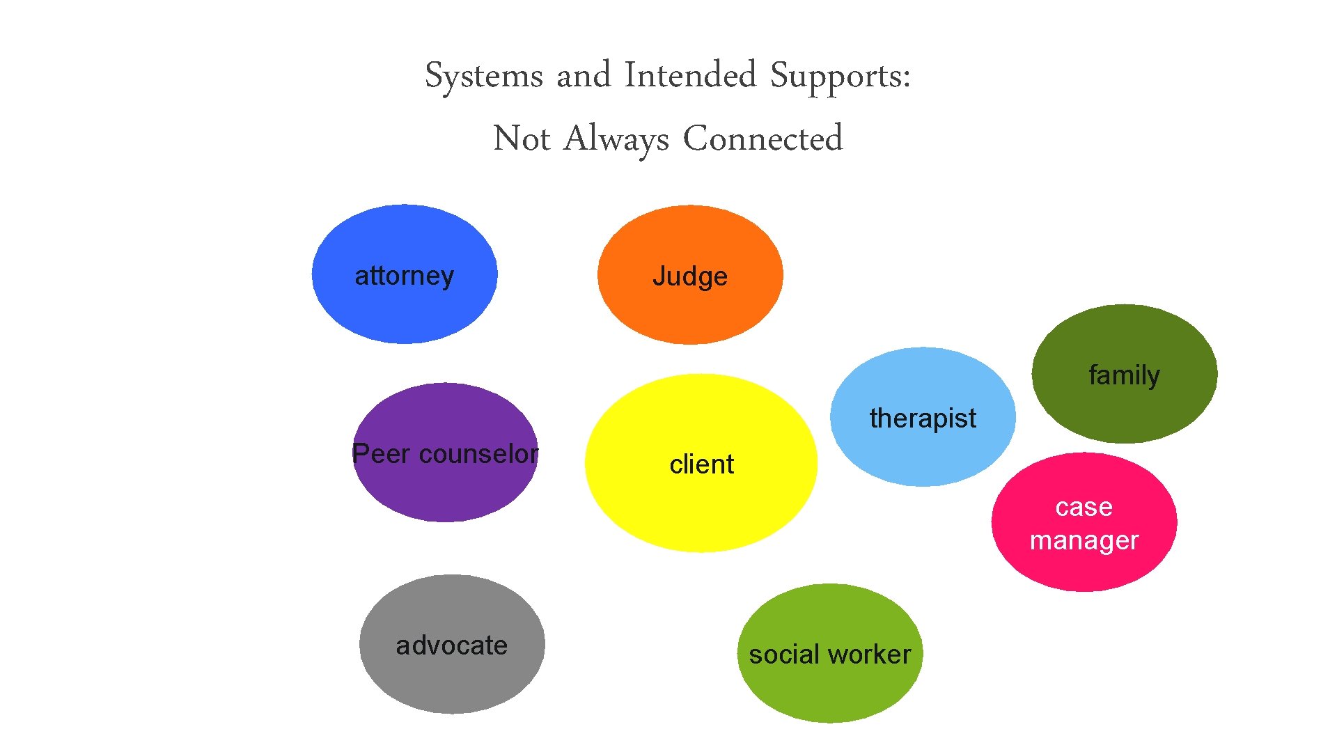 Systems and Intended Supports: Not Always Connected attorney Judge family therapist Peer counselor client
