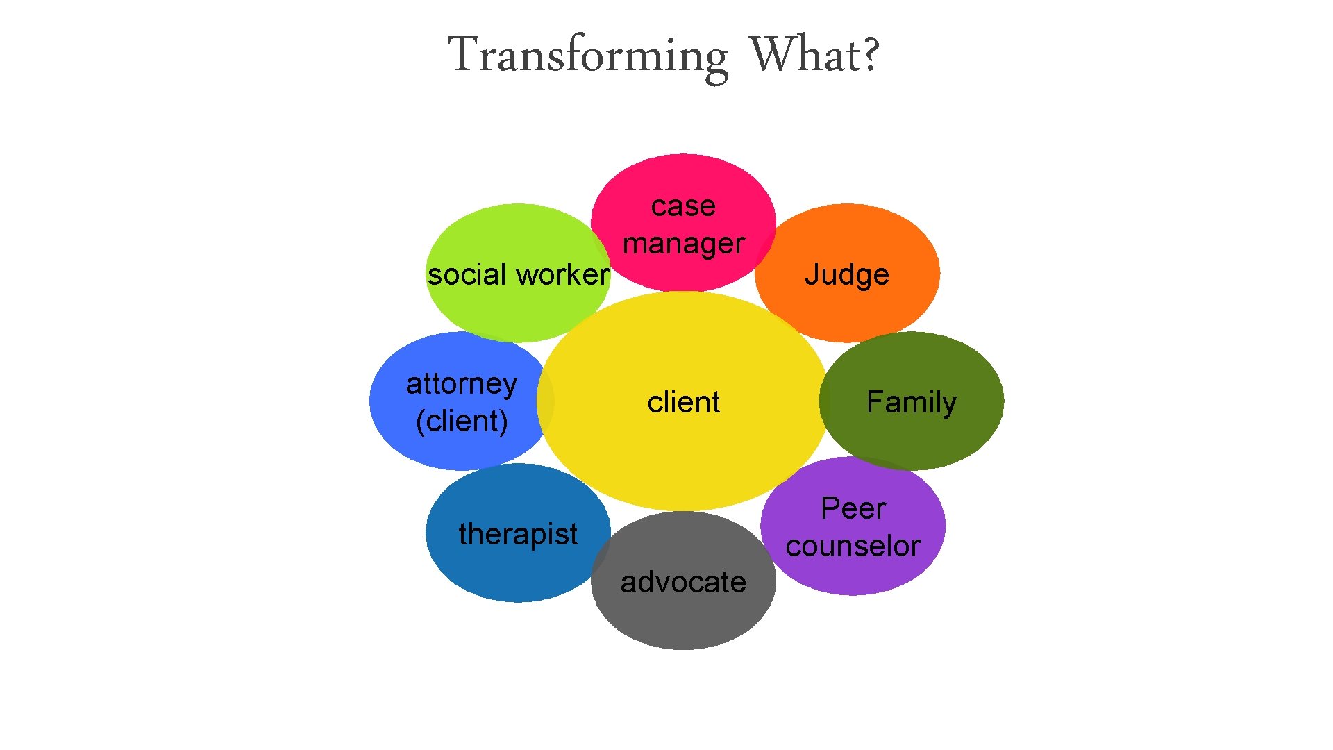 Transforming What? social worker attorney (client) case manager client Family Peer counselor therapist advocate