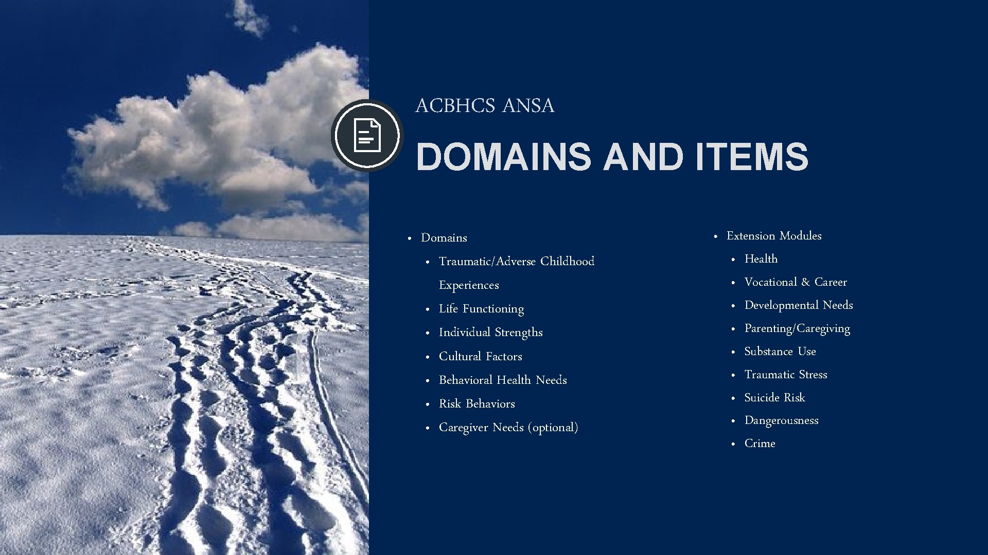 ACBHCS ANSA DOMAINS AND ITEMS • Domains • Traumatic/Adverse Childhood Experiences • Life Functioning