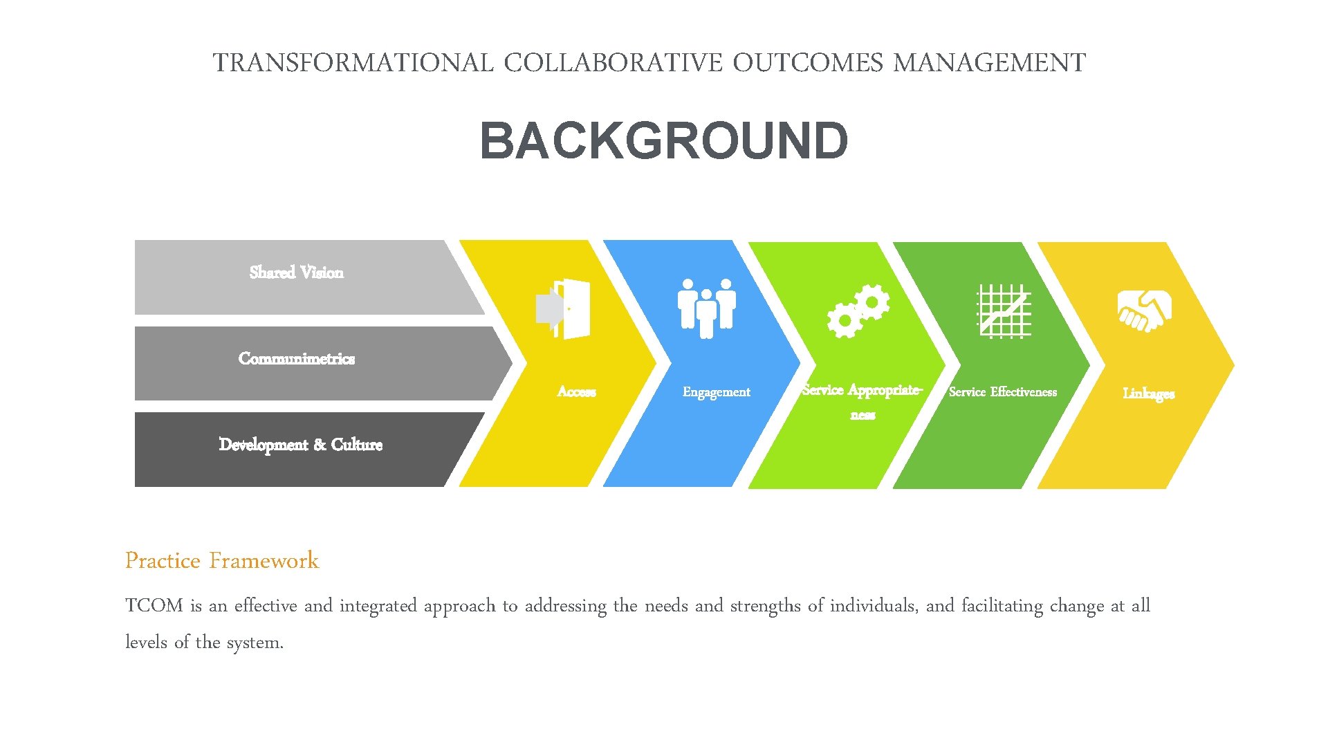 TRANSFORMATIONAL COLLABORATIVE OUTCOMES MANAGEMENT BACKGROUND Shared Vision Communimetrics Access Engagement Service Appropriateness Service Effectiveness