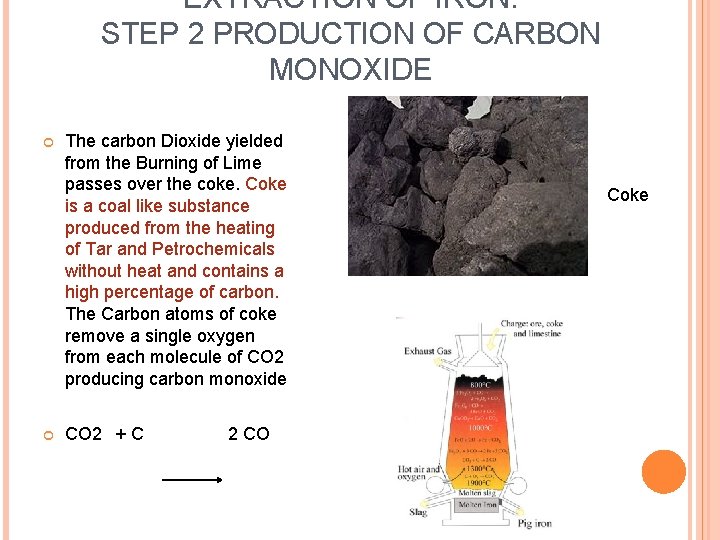 EXTRACTION OF IRON: STEP 2 PRODUCTION OF CARBON MONOXIDE The carbon Dioxide yielded from