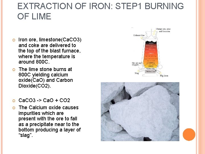 EXTRACTION OF IRON: STEP 1 BURNING OF LIME Iron ore, limestone(Ca. CO 3) and