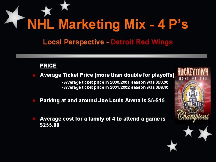 NHL Marketing Mix - 4 P’s Local Perspective - Detroit Red Wings PRICE Average