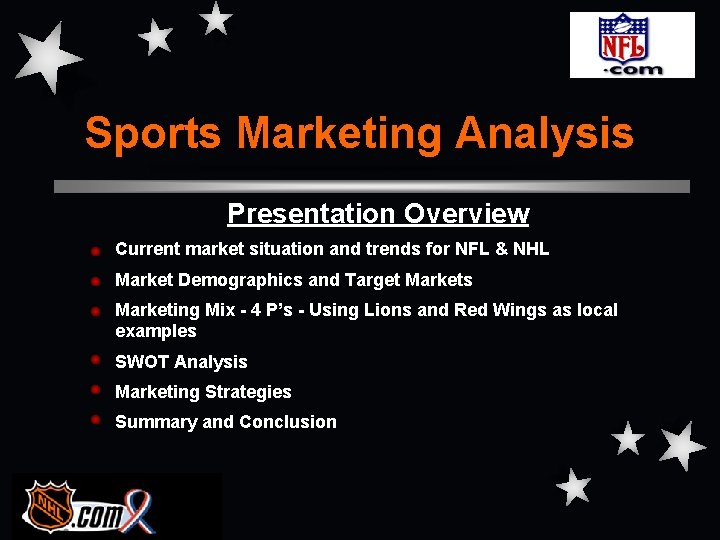 Sports Marketing Analysis Presentation Overview Current market situation and trends for NFL & NHL