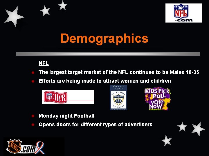 Demographics NFL The largest target market of the NFL continues to be Males 18