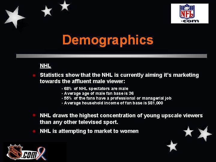 Demographics NHL Statistics show that the NHL is currently aiming it’s marketing towards the