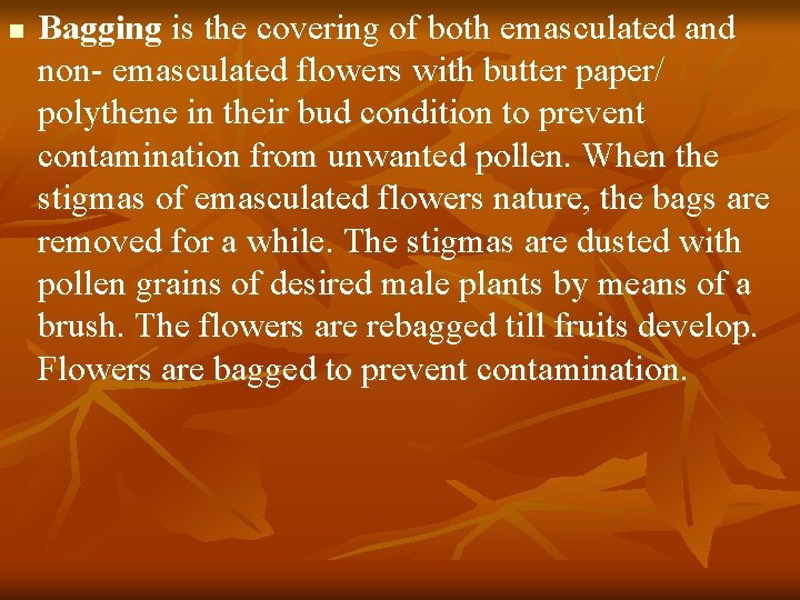 n Bagging is the covering of both emasculated and non- emasculated flowers with butter