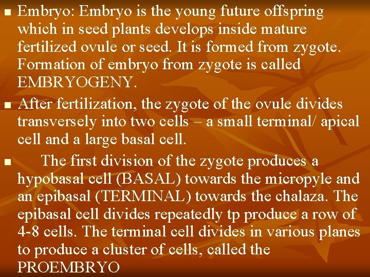 n n n Embryo: Embryo is the young future offspring which in seed plants