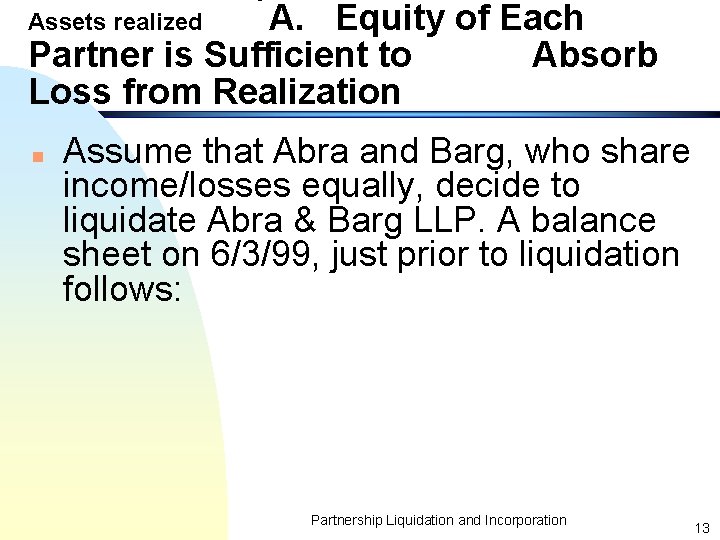 A. Equity of Each Partner is Sufficient to Absorb Loss from Realization Assets realized