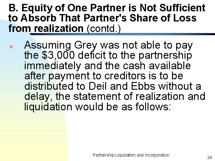 B. Equity of One Partner is Not Sufficient to Absorb That Partner's Share of