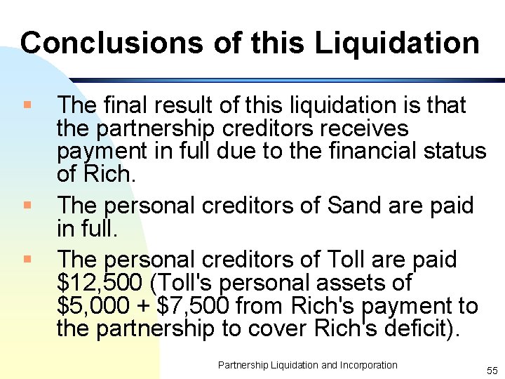 Conclusions of this Liquidation § The final result of this liquidation is that the