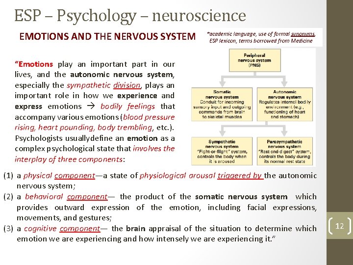 ESP – Psychology – neuroscience EMOTIONS AND THE NERVOUS SYSTEM *academic language, use of