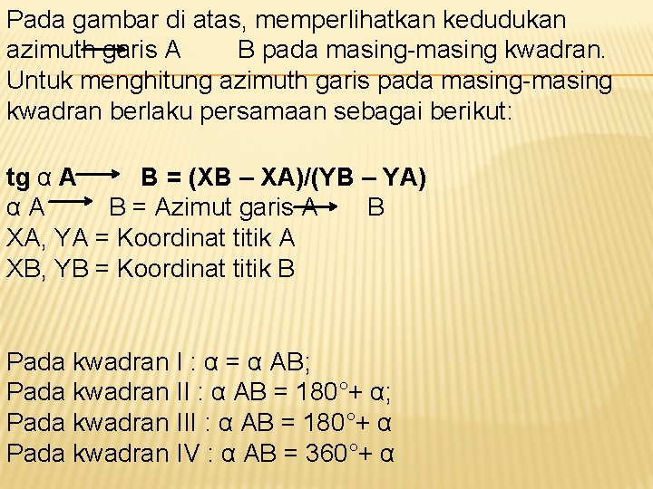 Pada gambar di atas, memperlihatkan kedudukan azimuth garis A B pada masing-masing kwadran. Untuk Pada gambar di atas, memperlihatkan kedudukan azimuth garis A B pada masing-masing kwadran. Untuk